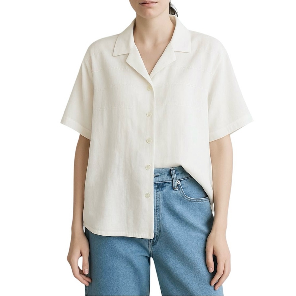 Vintage 100% linen white boxy oversized short sleeve minimalist top blouse 12